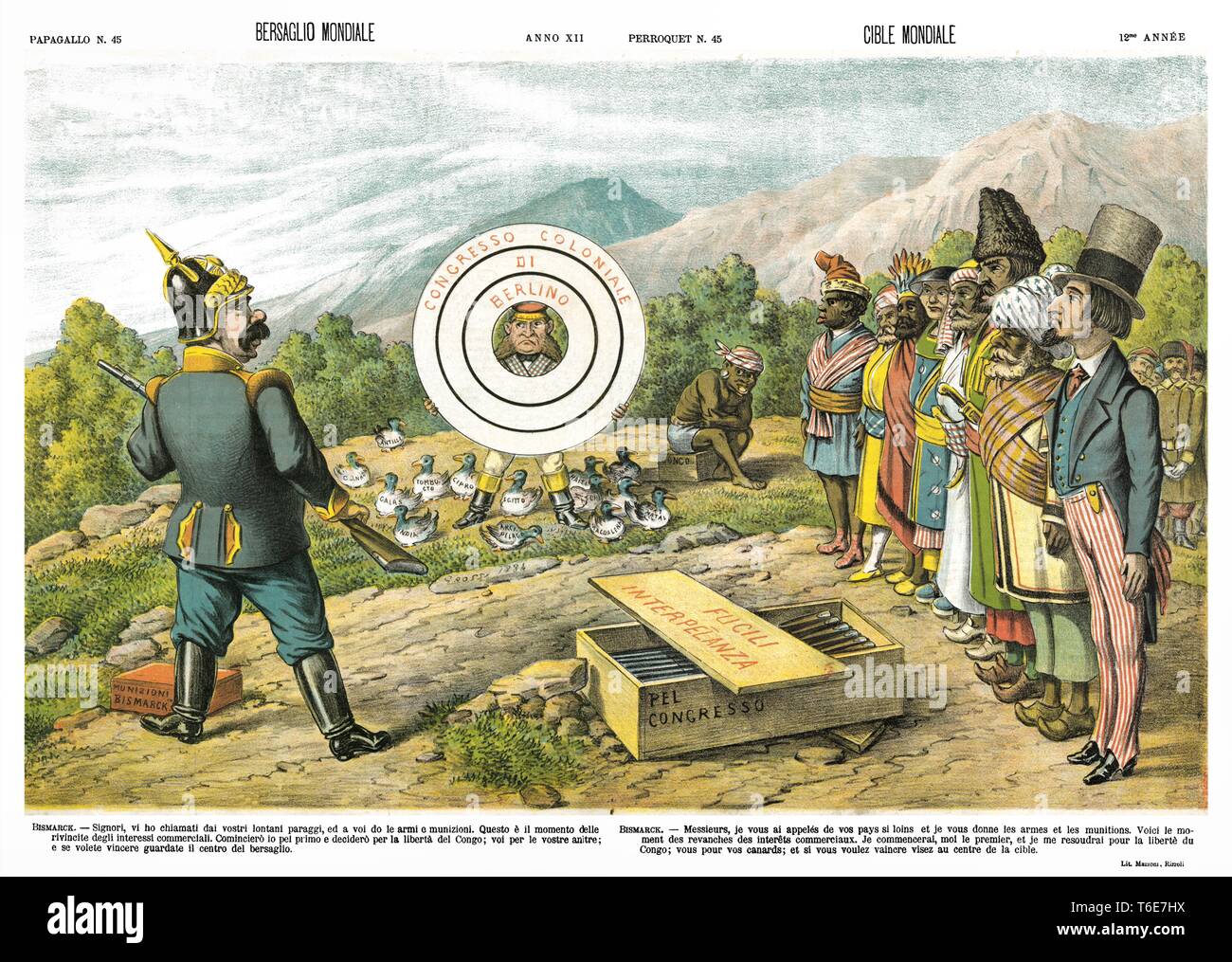 Objetivo mundial de caricatura satírica semanal Il Papagallo 1884 Foto de stock