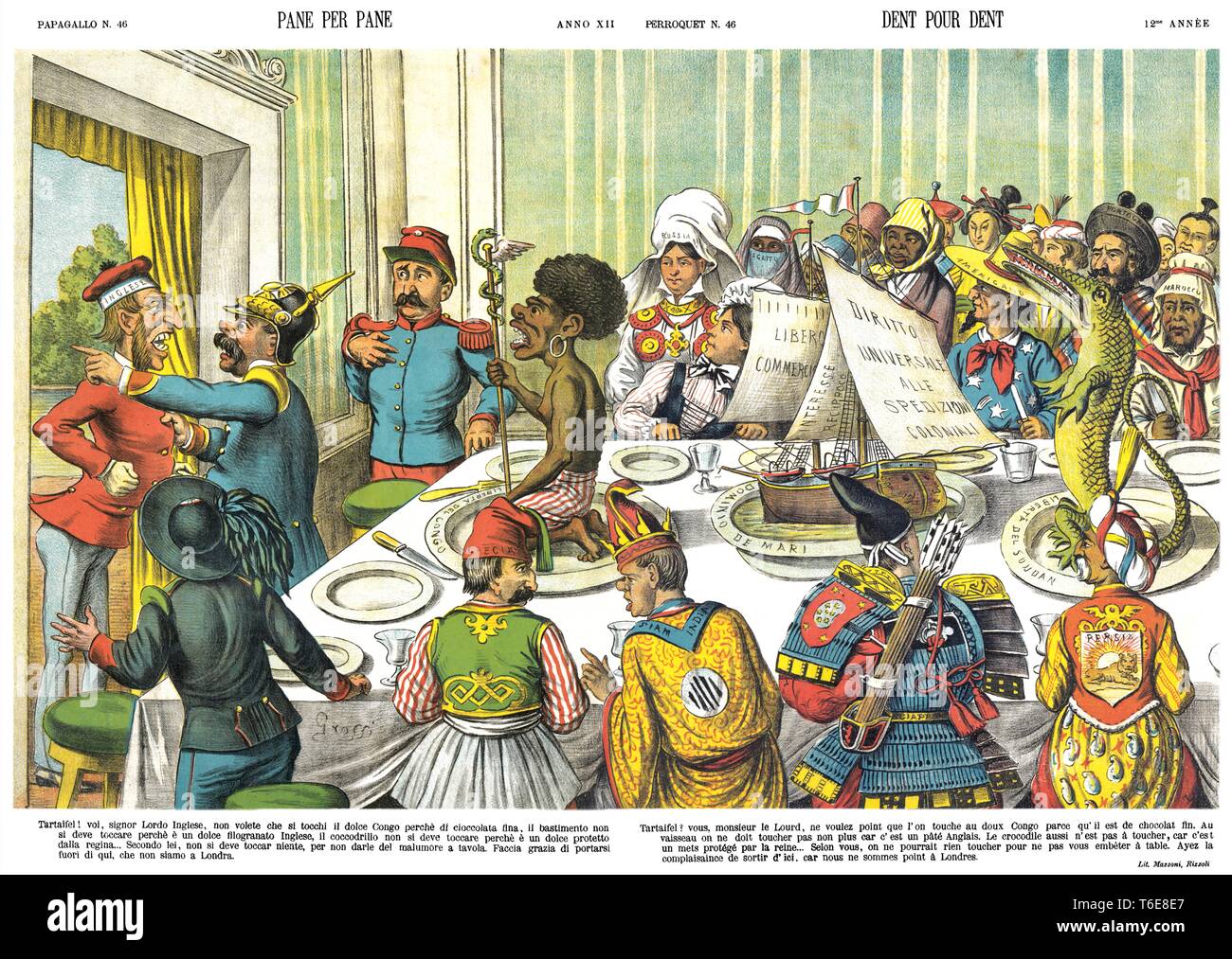 Pan para pan, por caricatura satírica semanal Il Papagallo 1884 Foto de stock