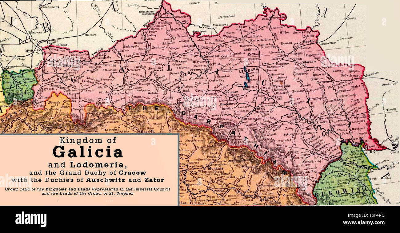 Reino de Galicia y Lodomeria y el Gran Ducado de Cracovia con los ducados de Auschwitz y Zator - líneas de ferrocarril gallego antes de 1897. Foto de stock
