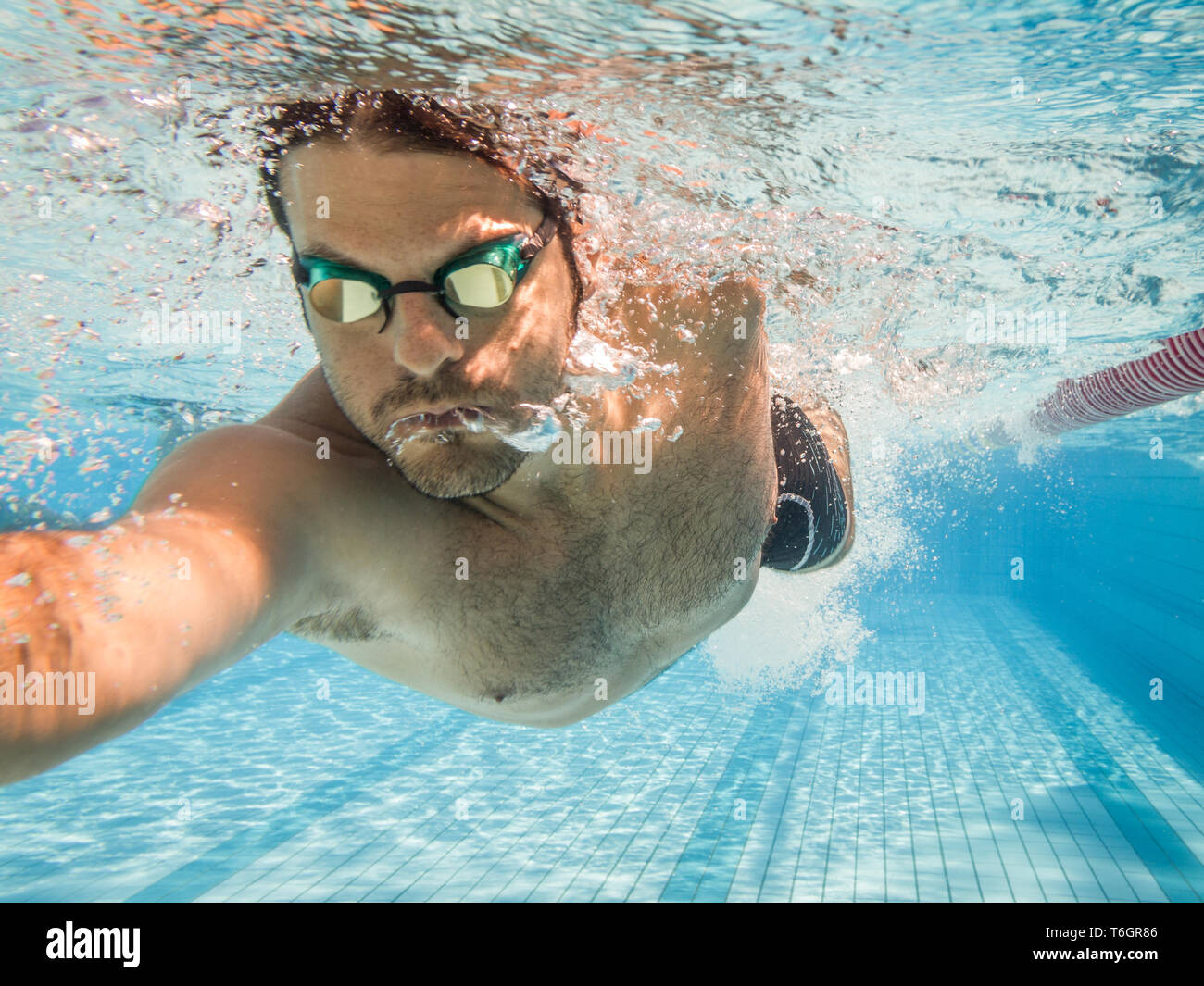 Nadador masculino en la piscina.Fotografía submarina con espacio de copia. Foto de stock