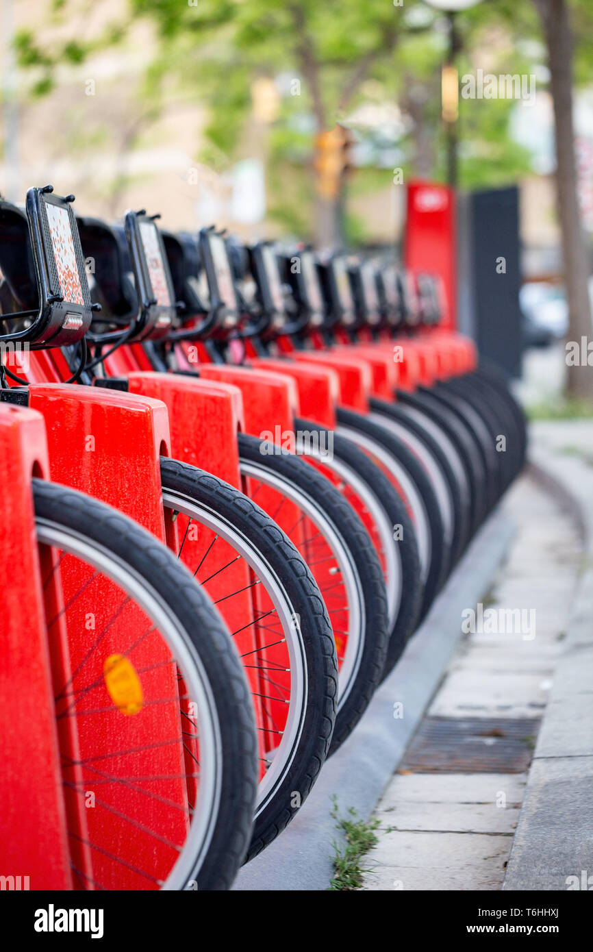 Muchas bicicletas en una fila. Rojo están en un estacionamiento de bicicletas para alquilar. Concepto de transporte respetuoso con el medio ambiente. Foto de stock