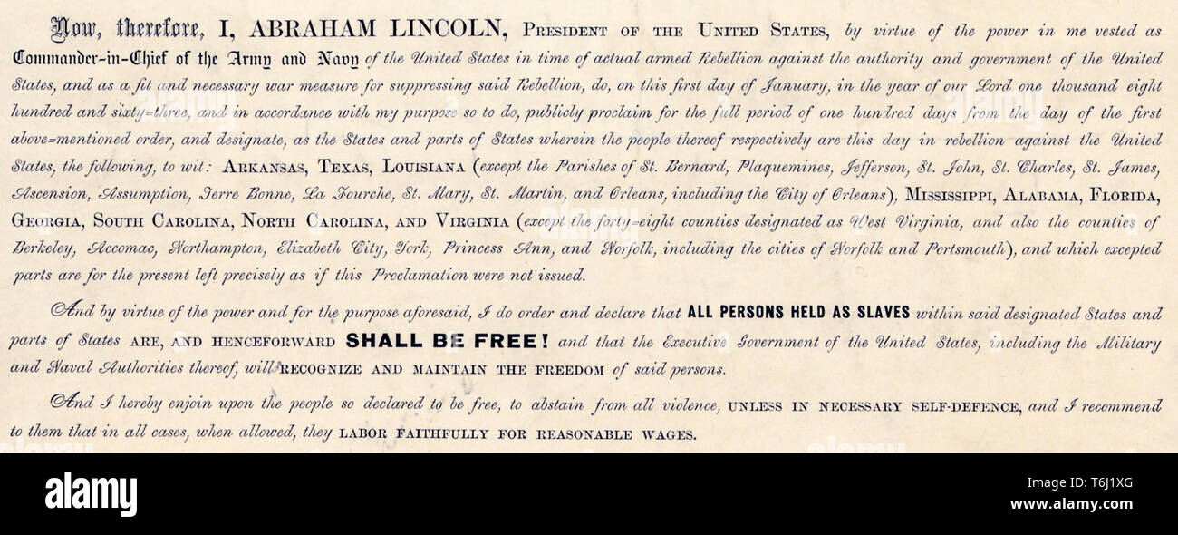 Documento de Proclamación de Emancipación, el 1 de enero de 1863 por el Presidente de los Estados Unidos de América mostrando parte detallada del texto "todas las personas mantenidas como esclavos... será libre" publicado en 1864 Foto de stock
