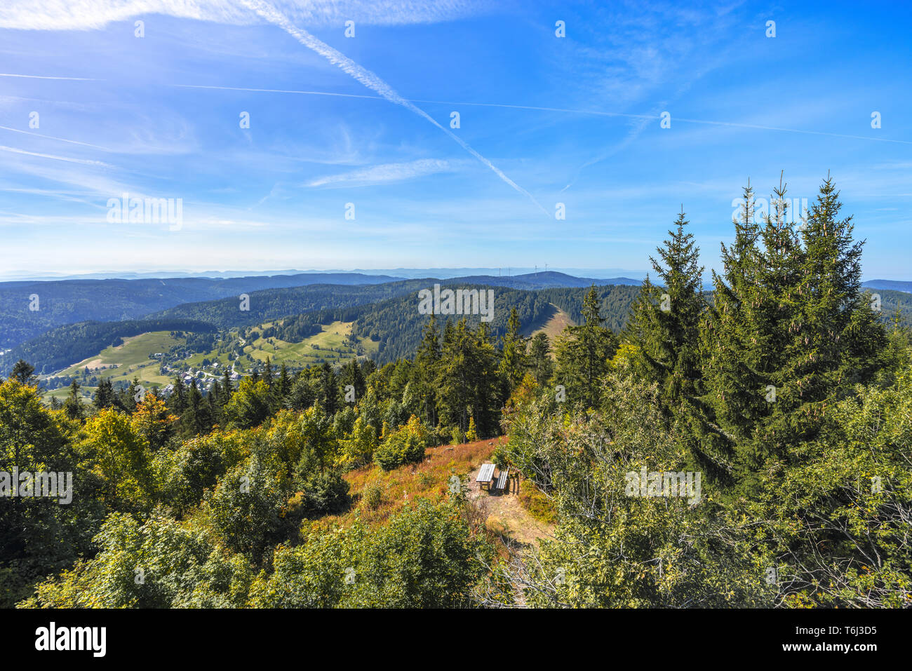 Panorama de la montaña Hochkopf al sur del Bosque Negro, con vistas a los Alpes en el polvo, alta Selva Negra, Alemania Foto de stock