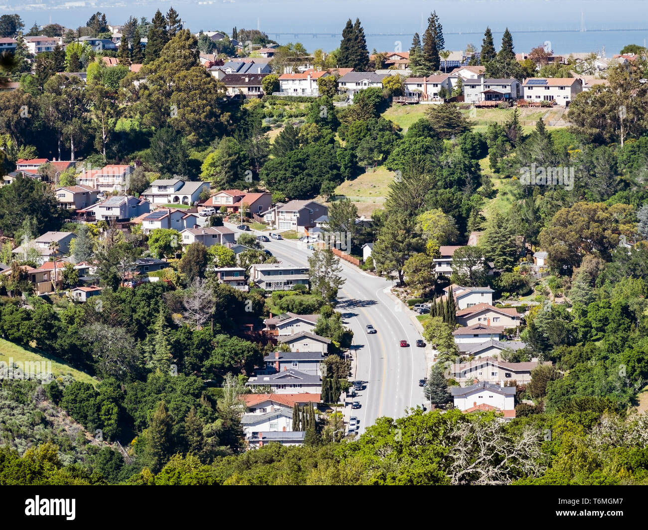 Vista aérea del barrio residencial, San Carlos, San Francisco Bay Area, California Foto de stock