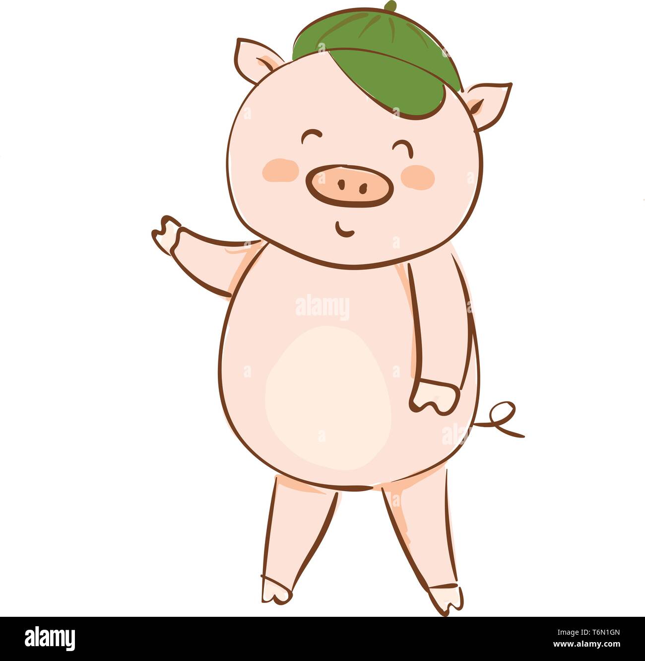Dibujo de un cerdo de dibujos animados en una tapa de verano verde ondeando su mano mientras se encontraba con sus ojos cerrados y una sonrisa girando hasta la mejilla color vectoriales DR Ilustración del Vector