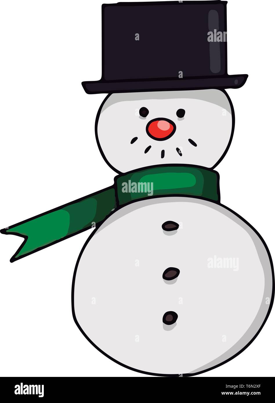 Un hombre de nieve con una bufanda verde sombrero negro y una nariz roja  color de dibujo o ilustración vectorial Imagen Vector de stock - Alamy
