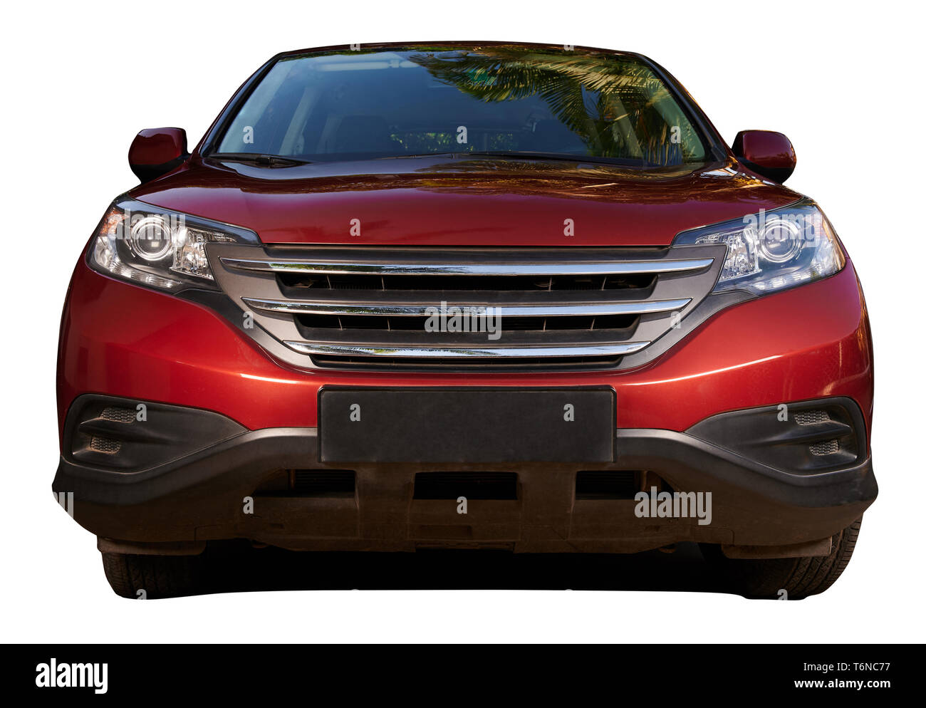 Vista frontal de coche SUV roja aislada con palm reflexión Foto de stock