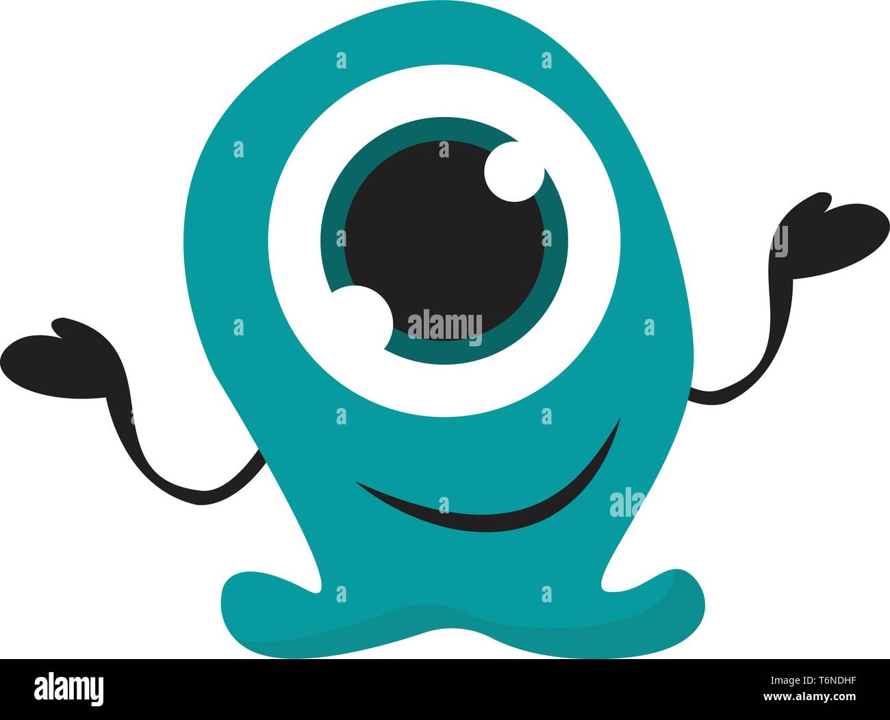 Cartoon one-eyed Monster azul tiene un cuerpo ovalado patas cortas y con brazos negros abiertos está sonriendo el color de dibujo o ilustración vectorial Ilustración del Vector