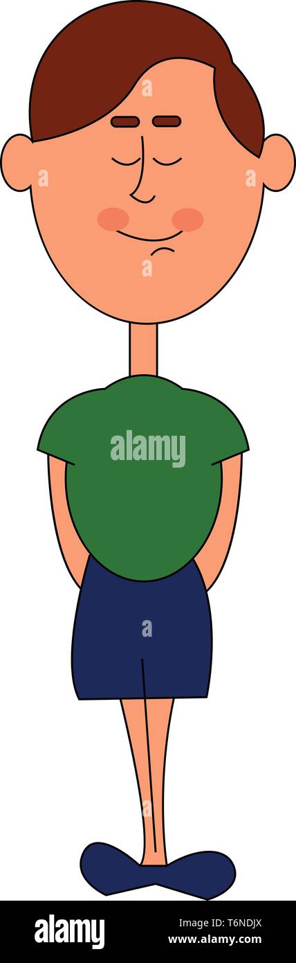 Personaje de dibujos animados de un muchacho en camiseta verde y pantalones  azules destaca con sus manos metidas en los bolsillos del pantalón y los  ojos cerrados mientras sonríe vector Imagen Vector