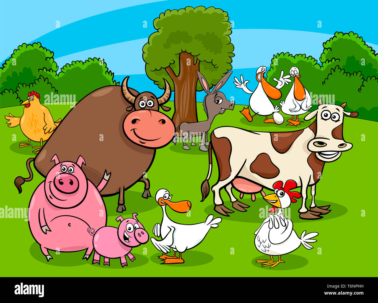 Dibujos animados personajes de animales de granja en la pradera Fotografía  de stock - Alamy