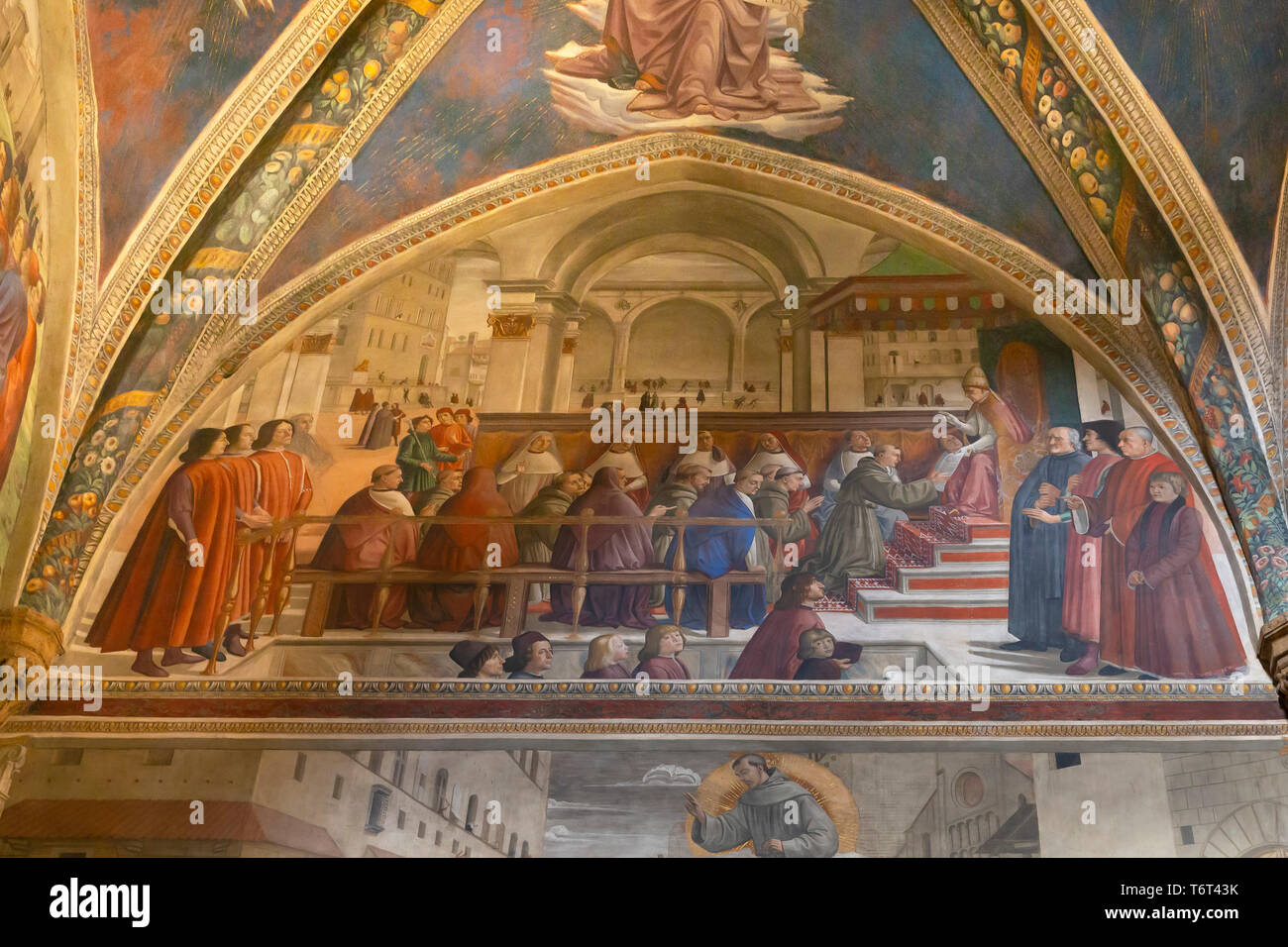 Francisco de recibir la orden del Papa Honorio, confirmación de la regla, los frescos sobre la vida de San Francisco, por Domenico Ghirlandaio, 1483-1485, Cabo Foto de stock