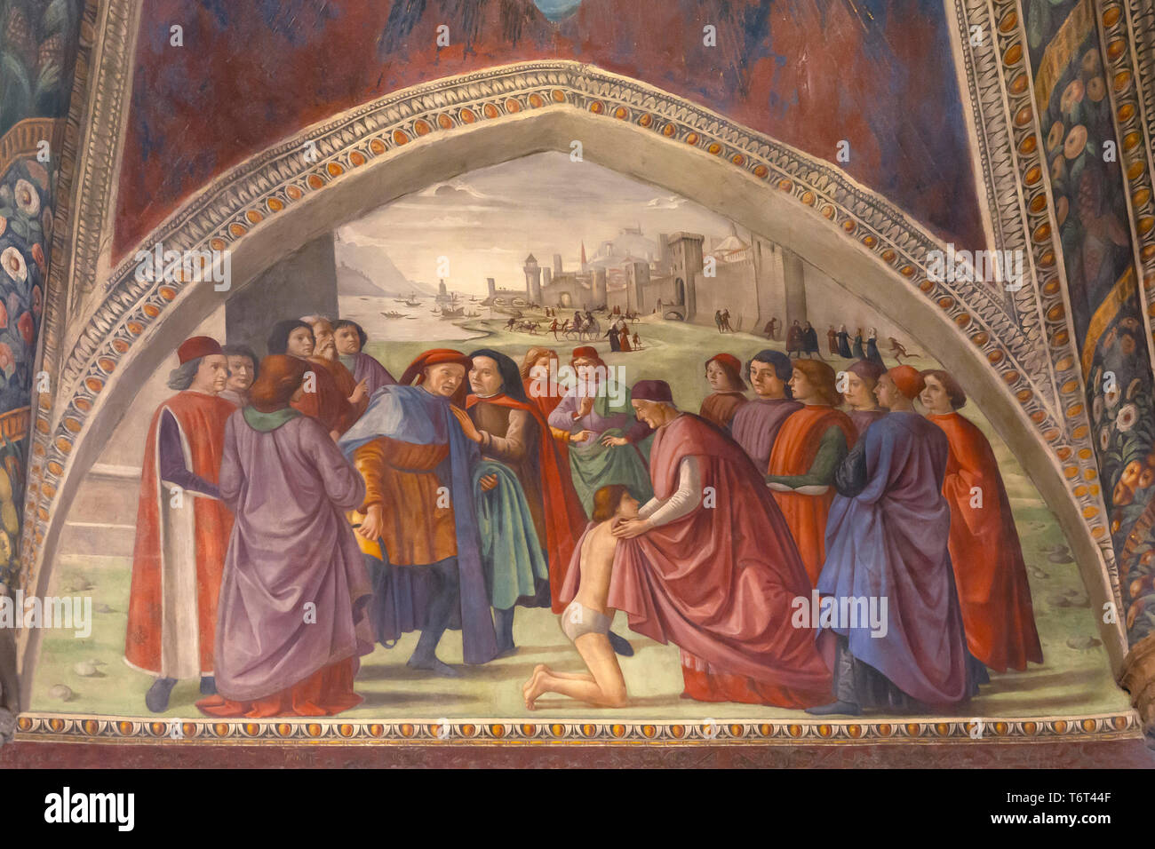 Renuncia a los bienes terrenales, frescos sobre la vida de San Francisco, por Domenico Ghirlandaio, 1483-85, Capella Sassetti, capilla Sassetti, Chiesa di Sant Foto de stock