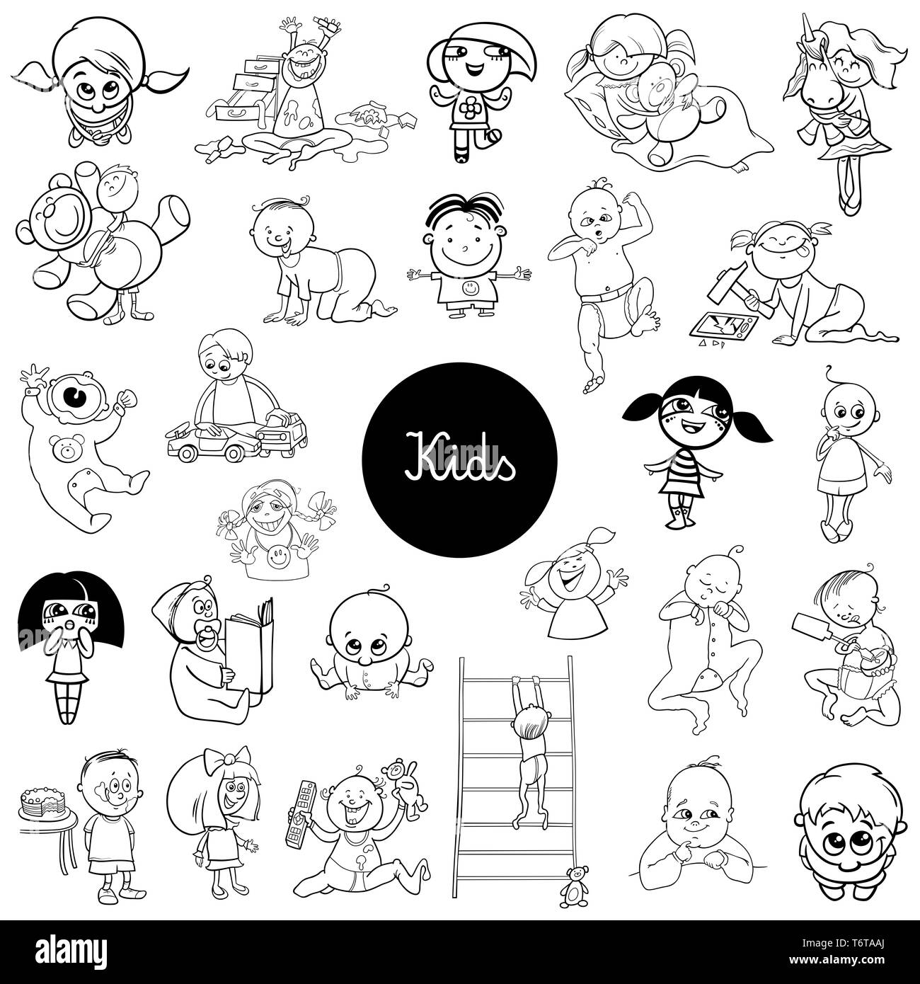 Personajes de dibujos animados para niños conjunto en blanco y negro  Fotografía de stock - Alamy