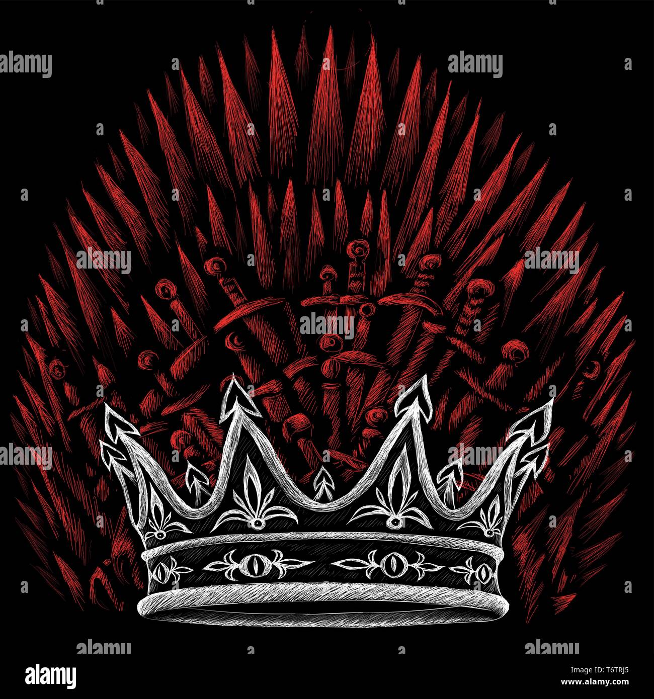 El trono de los reyes y la corona y armas blancas de la Edad Media y espadas o T-Shirt Design o outwear. Espadas de caza del rey de fondo. Ilustración del Vector
