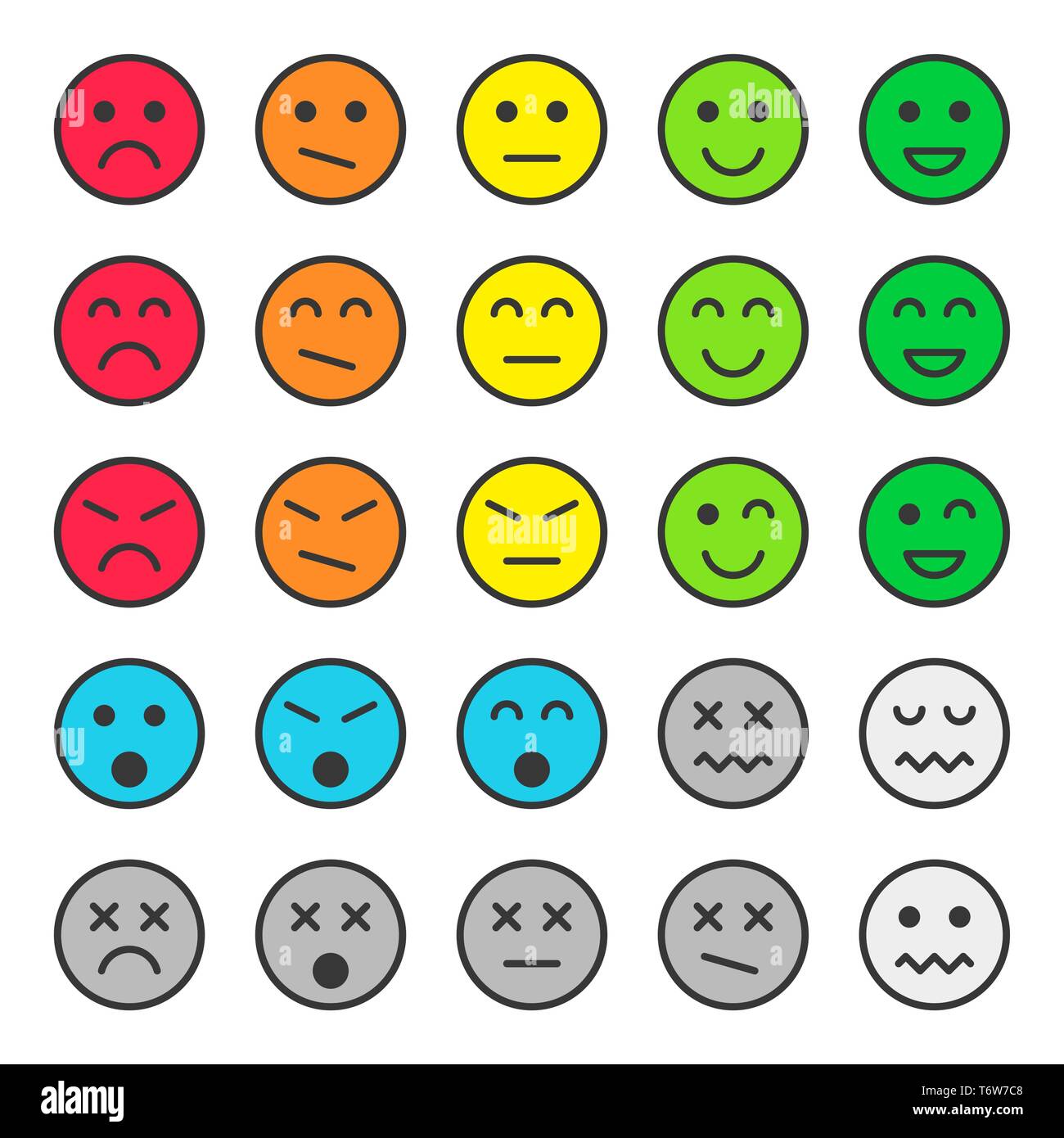 Conjunto de emoticonos, iconos coloridos rostros. Ilustración vectorial. Aislado sobre fondo blanco. Ilustración del Vector