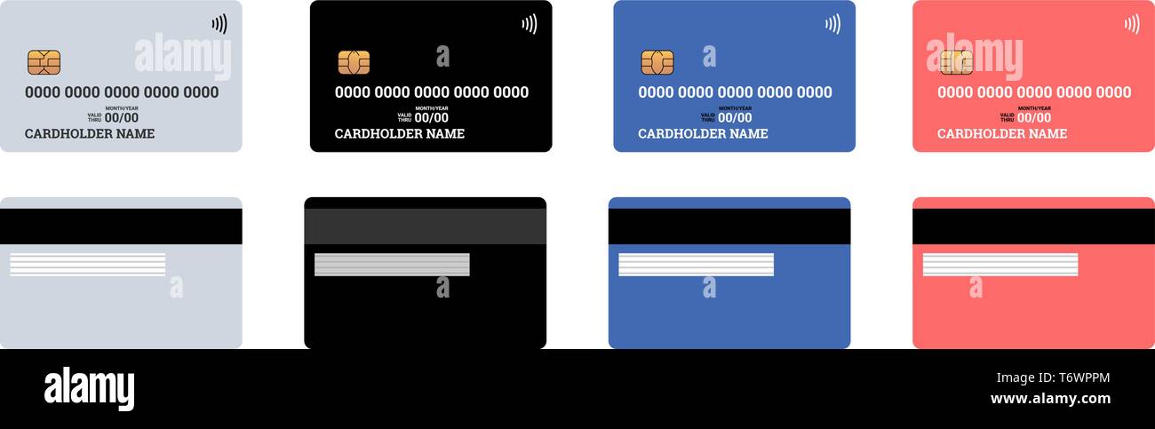 Banco de crédito o débito de plástico tarjeta inteligente sin contacto el anverso y el reverso con chip EMV y banda magnética. Plantilla de diseño en blanco el boceto. Vecto Ilustración del Vector