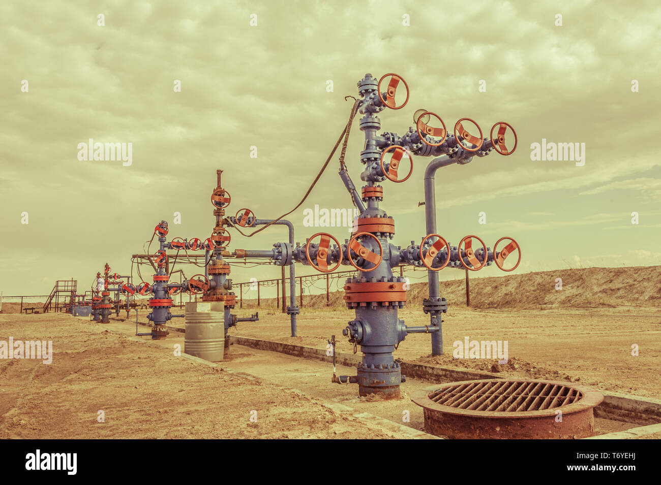 Las cabezas de los pozos con válvula esqueleto en un campo de petróleo