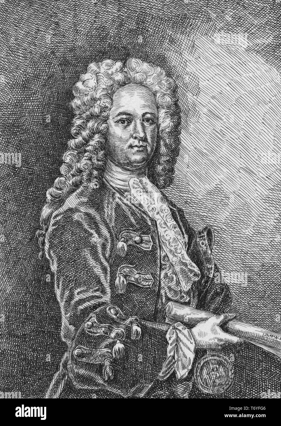 Retrato grabado de Jonathan Belcher, gobernador de las colonias británicas de Nueva Hampshire, Massachusetts y Nueva Jersey, un comerciante norteamericano, empresario y político de la Universidad de Cambridge, en la provincia de Massachusetts Bay, 1750. Desde la Biblioteca Pública de Nueva York. () Foto de stock