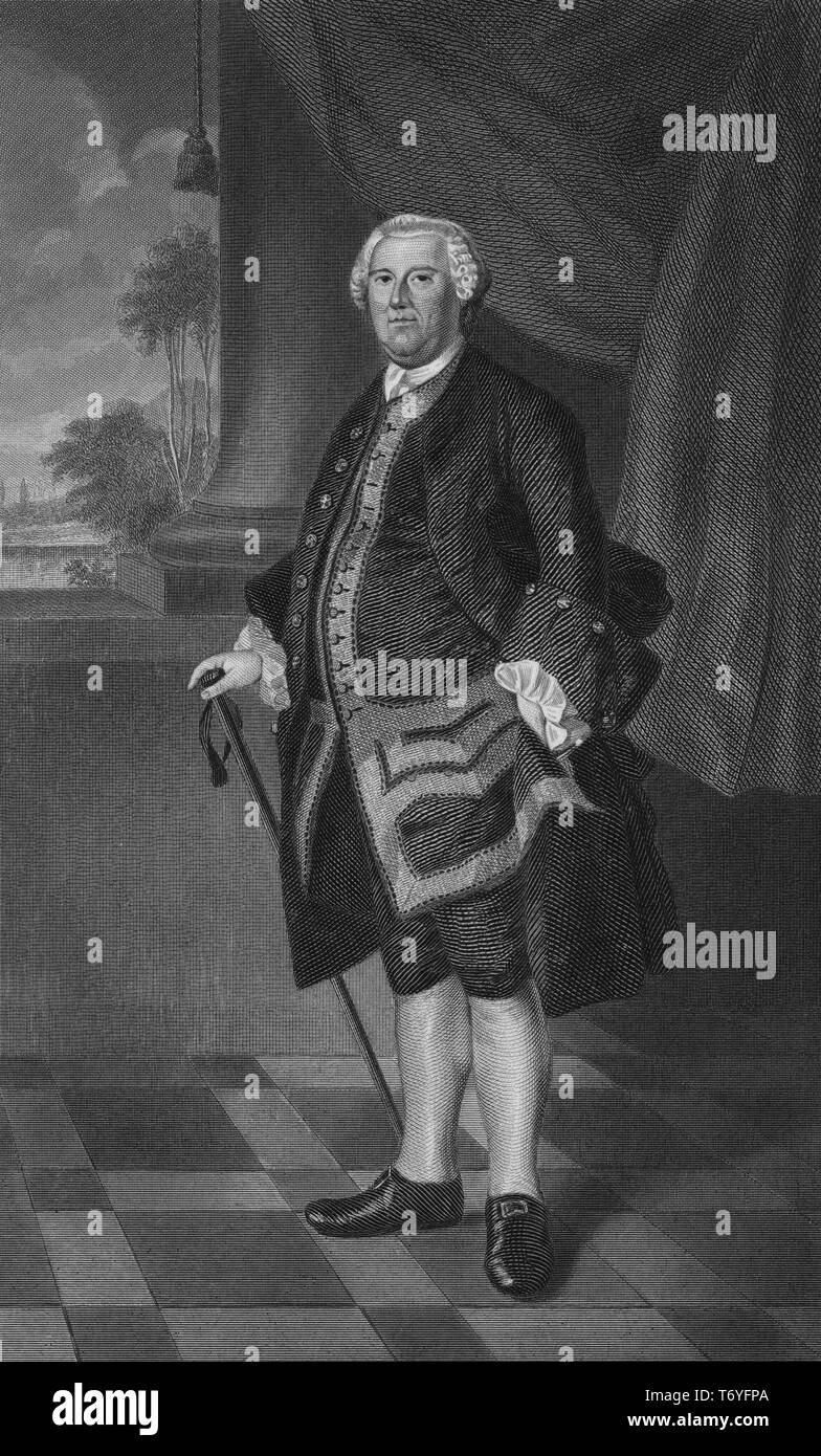 Retrato grabado de Benning Wentworth, gobernador de Nueva Hampshire, un estadista estadounidense de Portsmouth, en la provincia de New Hampshire, 1760. Desde la Biblioteca Pública de Nueva York. () Foto de stock