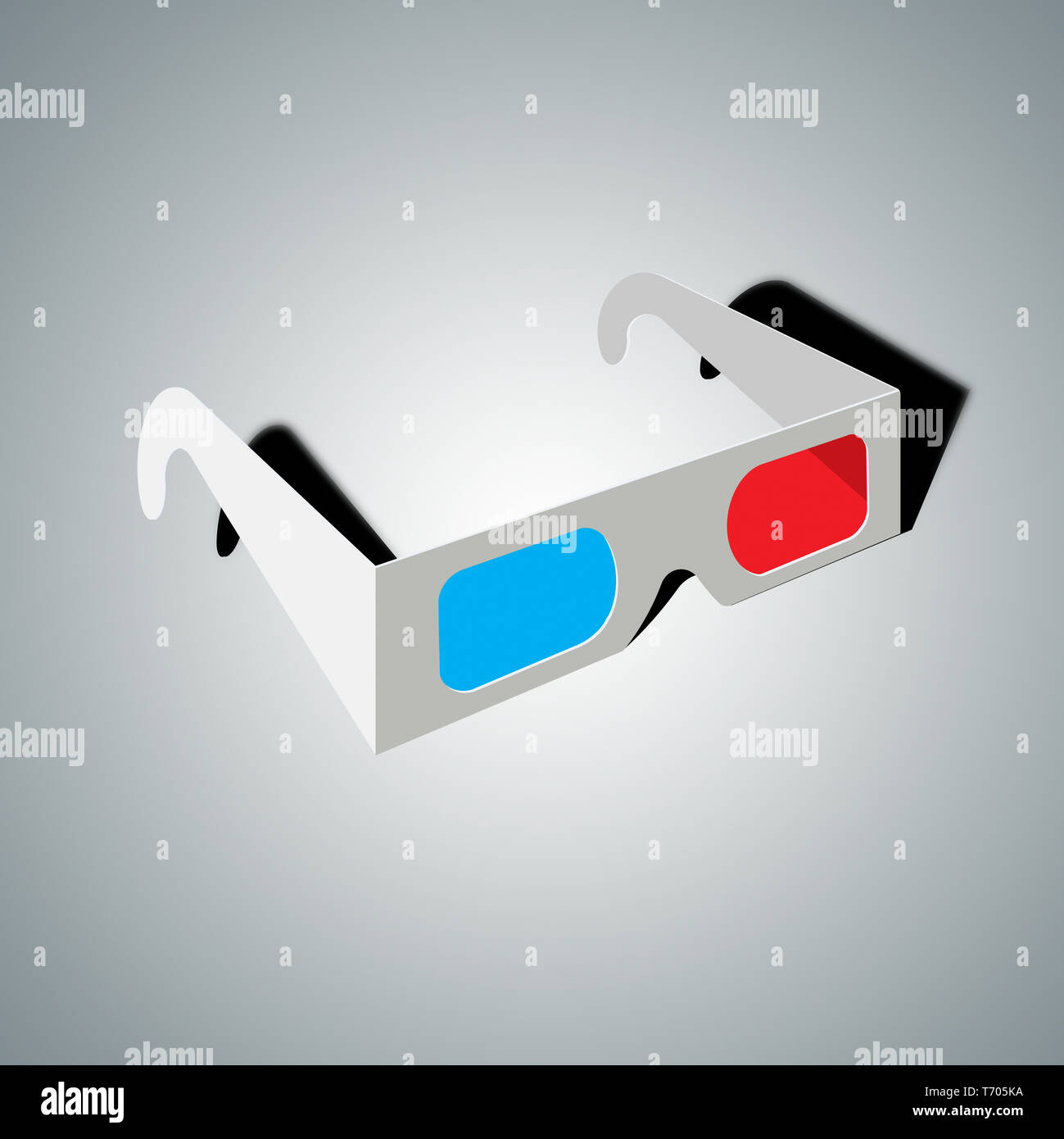 Gafas 3D de cartón hecho con celofán plástico azul y rojo sobre fondo blanco luz focal Foto de stock