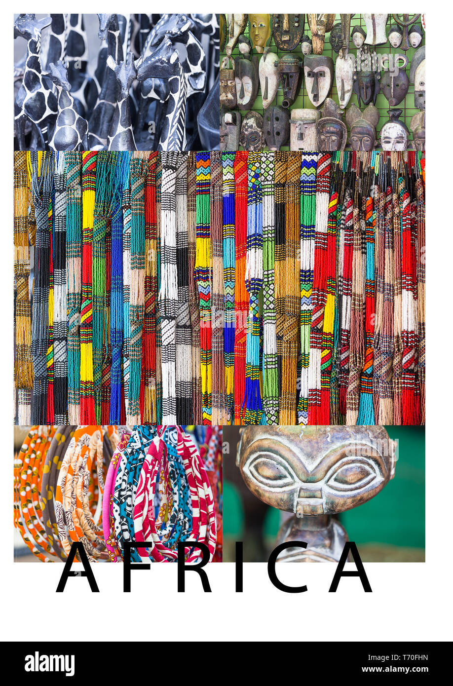 África collage mostrar diversas imágenes mixtas de artes y artesanía  africana o recuerdos como abalorios, máscaras. collares y animales labrados  Fotografía de stock - Alamy