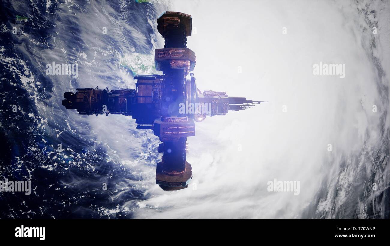 4k de vuelo de la Estación Espacial Internacional por encima de la tierra. Foto de stock