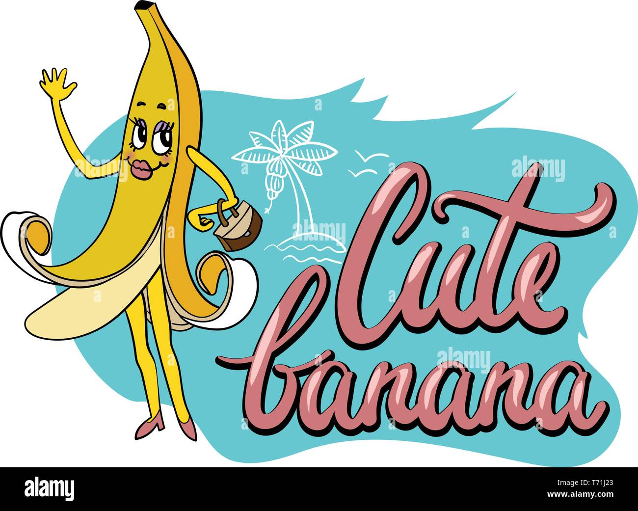 Cute inusual dibujados a mano para impresión textil con gracioso personaje de dibujos animados de la banana y nota manuscrita Ilustración del Vector
