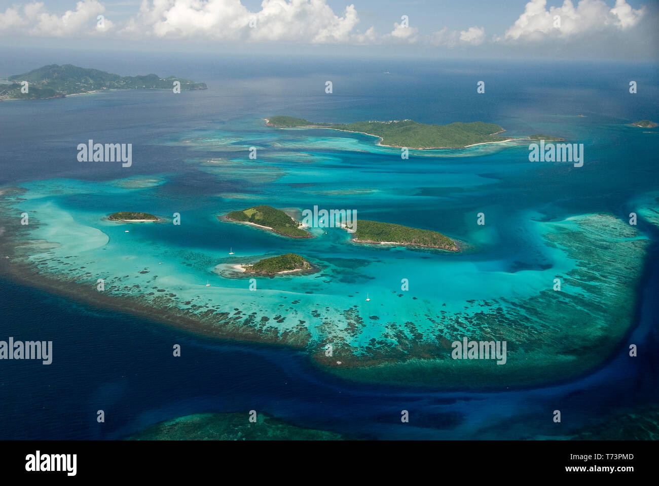 Vista aérea de Tobago Cays, Saint Viincent y las Granadinas, el Caribe Foto de stock