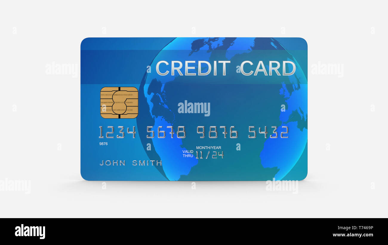 Tarjeta de crédito, pago con tarjeta de plástico azul aislado sobre fondo blanco, vista frontal, 3D rendering Foto de stock