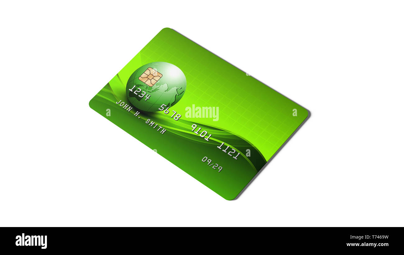 Tarjeta de crédito, pago con tarjeta de plástico verde con chip aislado sobre fondo blanco, vista lateral, 3D rendering Foto de stock