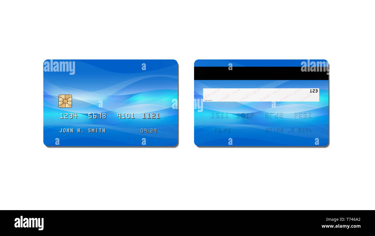 Tarjeta de crédito, pago con tarjeta de plástico con chip aislado sobre fondo blanco, vista frontal y posterior, 3D rendering Foto de stock