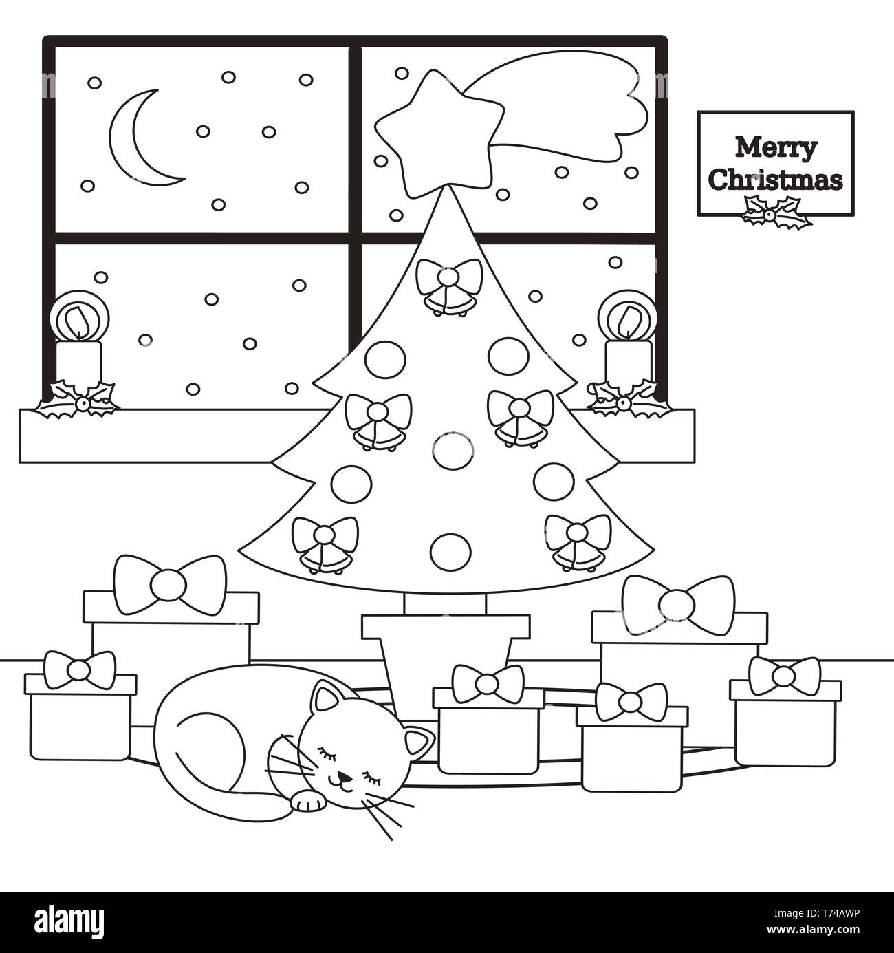 Caricatura en blanco y negro del interior del vector con el árbol de  navidad, regalos y un gato tumbado durmiendo para colorear la ilustración  art Imagen Vector de stock - Alamy