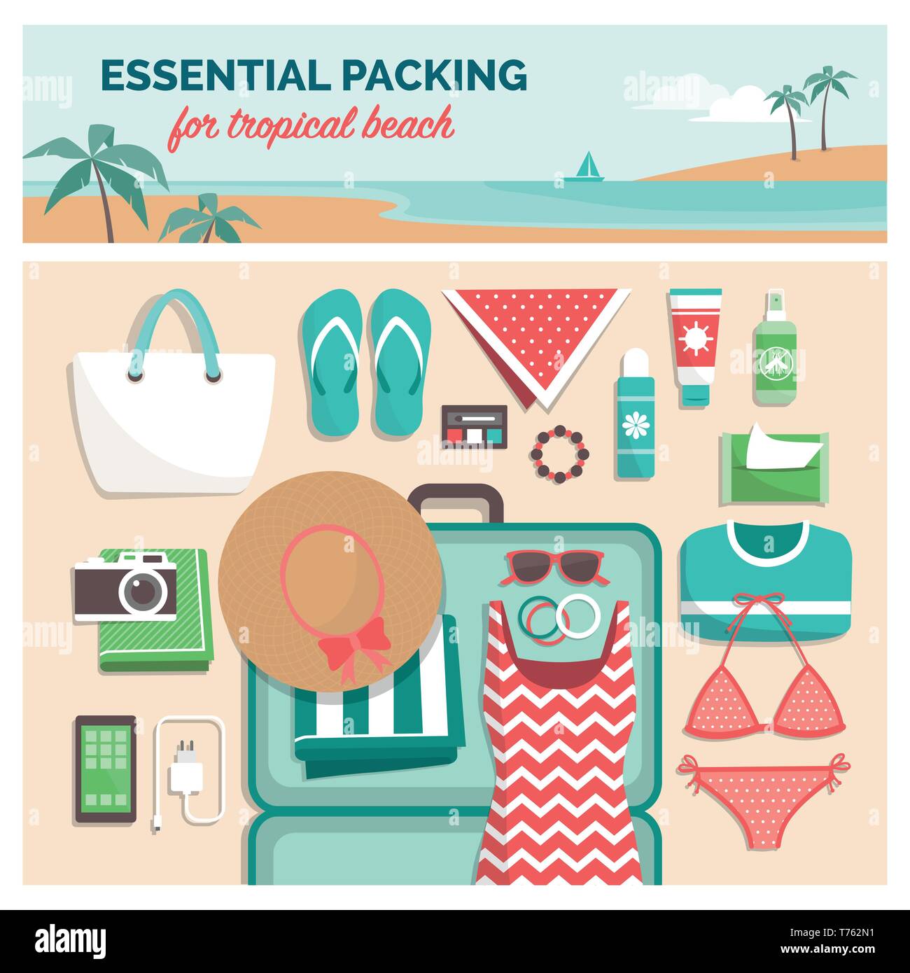 Embalaje esenciales para playa tropical: lista de embalaje para un viaje de  verano de vacaciones en destinos exóticos con maleta y plana objetos laicos  Imagen Vector de stock - Alamy