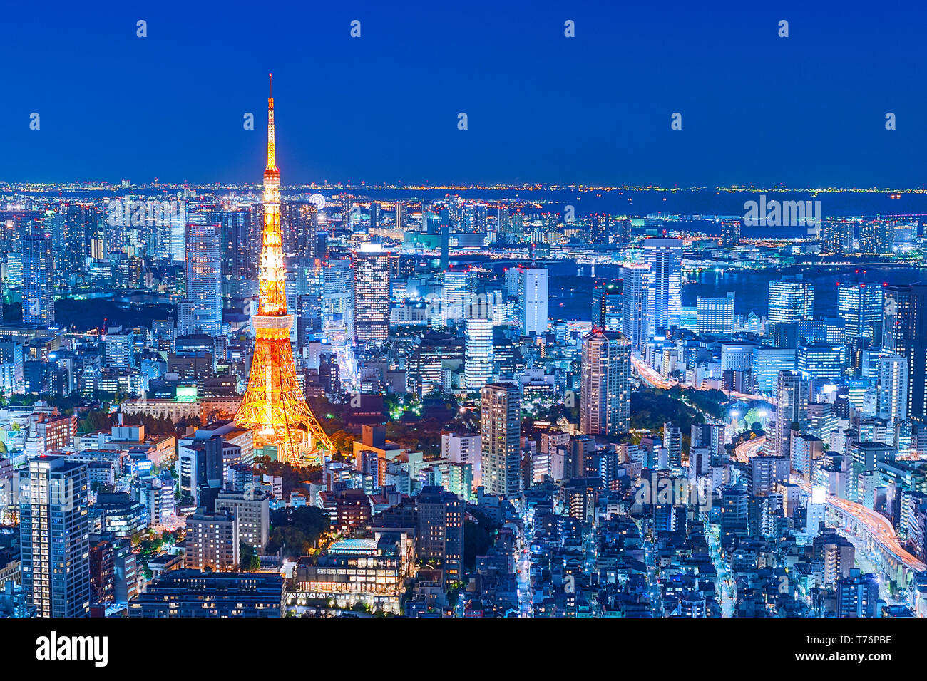 Vista de la Torre de Tokyo de noche las luces del horizonte de Tokio Foto de stock