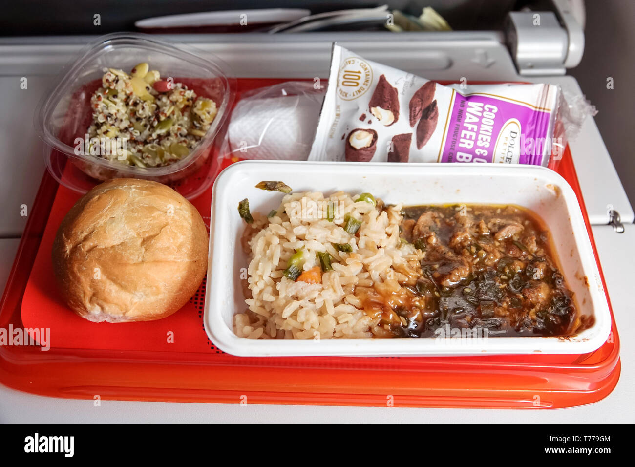 Miami Florida, aeropuerto internacional MIA, cabina a bordo Avianca  Airlines vuelo AV 35, bandeja de comidas, almuerzo, arroz, estofado de  ternera, ensalada, pan, comida de avión, visitantes t Fotografía de stock -  Alamy