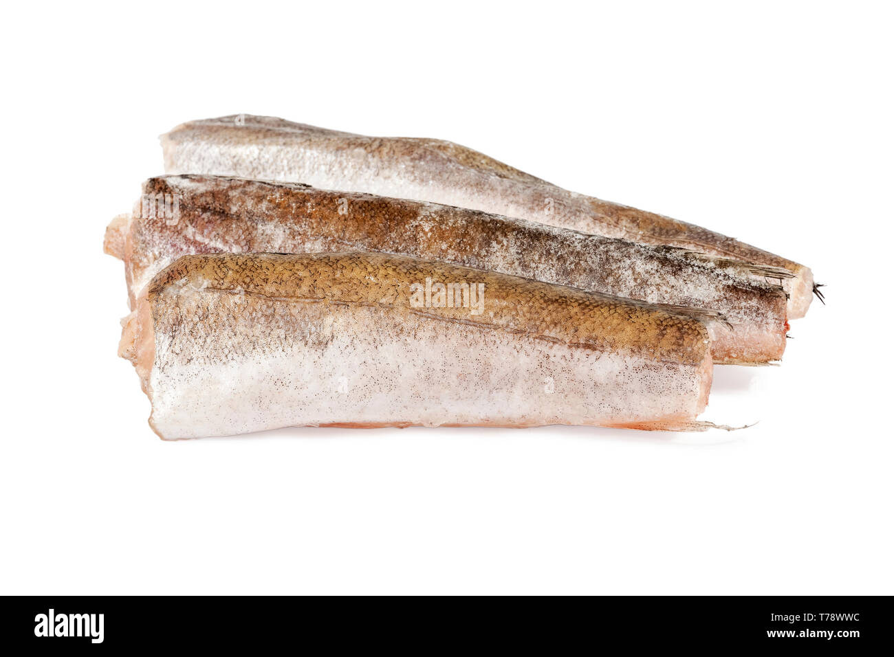 Pescado congelado sin cabeza y merluza tailless aislado sobre fondo blanco. Foto de stock