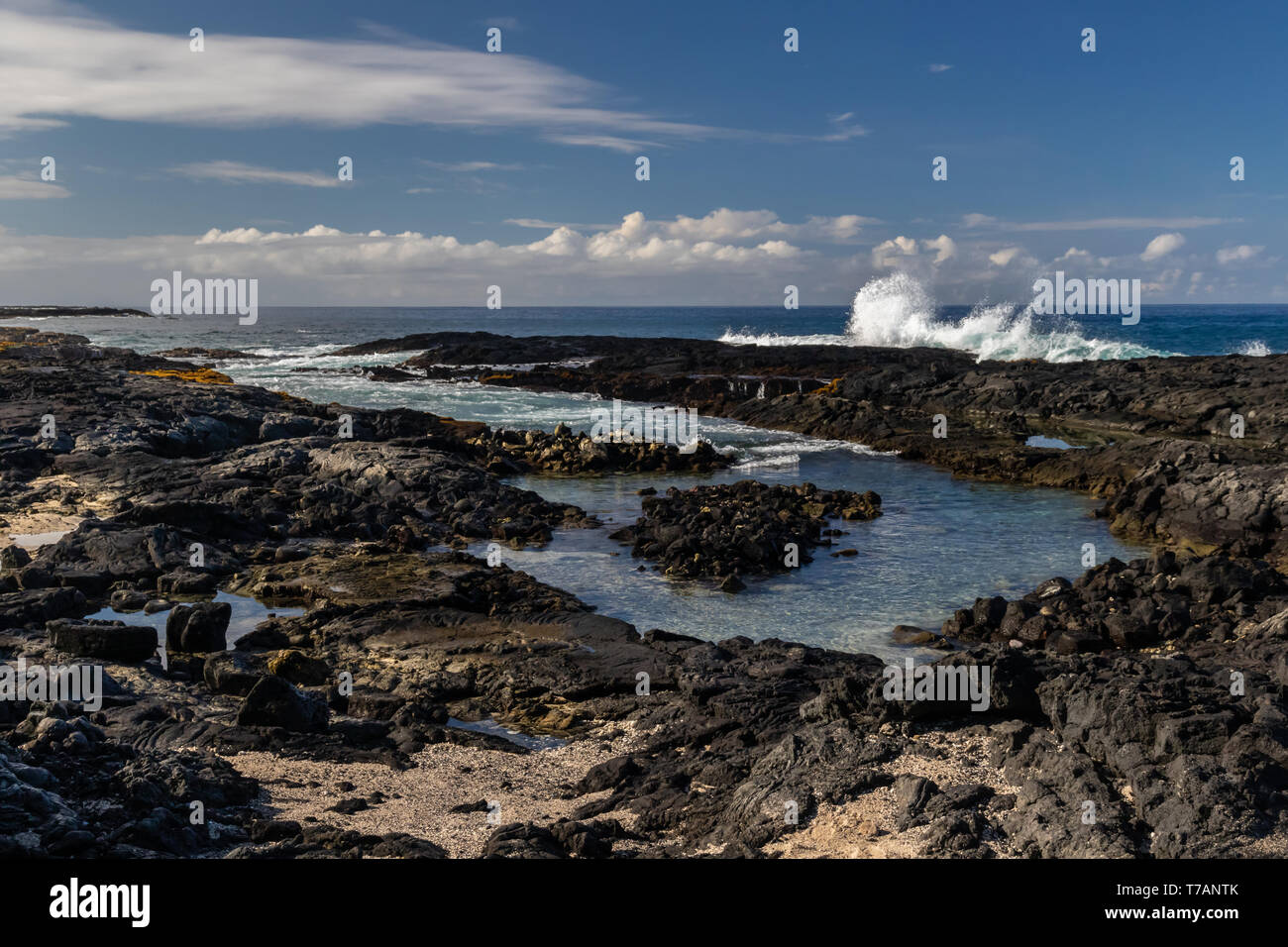 Del arricife en playa volcánica cerca de Kona, en la isla más grande de Hawai. Rocas Negras en primer plano, con olas de marea entrante. Océano Azul cielo y nubes en Foto de stock