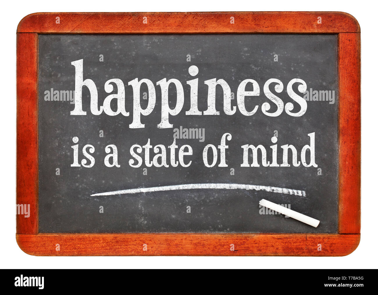 La felicidad es un estado de la mente - texto blanco tiza sobre una pizarra pizarra vintage Foto de stock