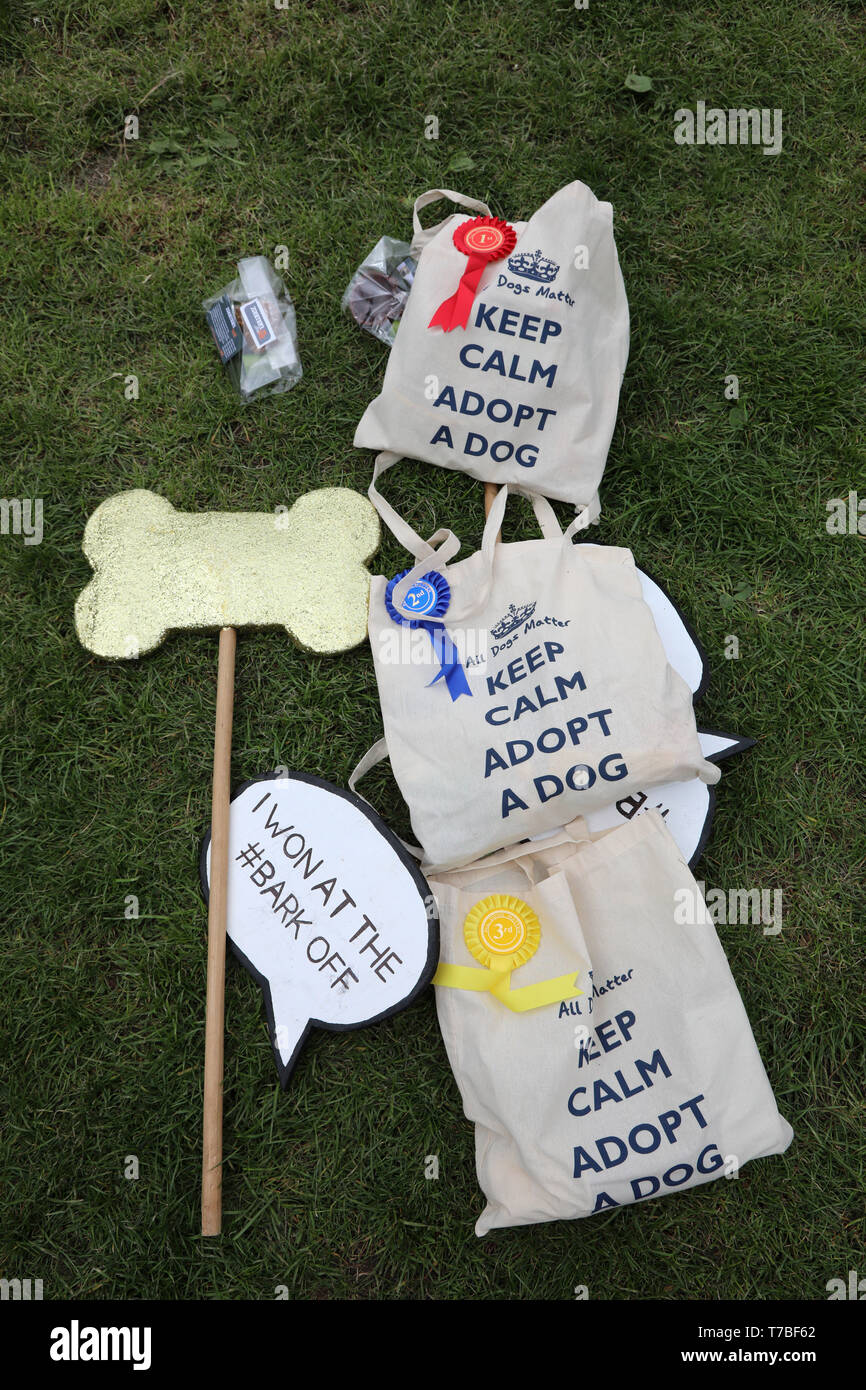 Londres, Reino Unido. 5 de mayo de 2019. Bolsas de premio y rosetas en la materia a todos los Perros Bark Off caridad dog show, Hampstead Heath, Londres, Inglaterra. Bonitos perros tomó parte en varias categorías de esta exposición canina anual el cual es dirigido por la caridad que casas y perros rehomes en Londres y encuentra hogares para perros desde el extranjero. Los perros compitieron para ser más hermoso cachorro, mejor rescate y mucho más. Más información en www.alldogsmatter.co.uk Crédito: Paul Brown/Alamy Live News Foto de stock