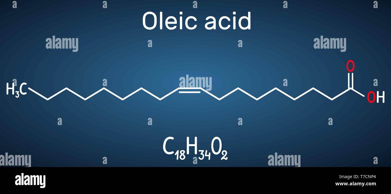 Ácido oleico ( cis, omega9) molécula. Fórmula química estructural y