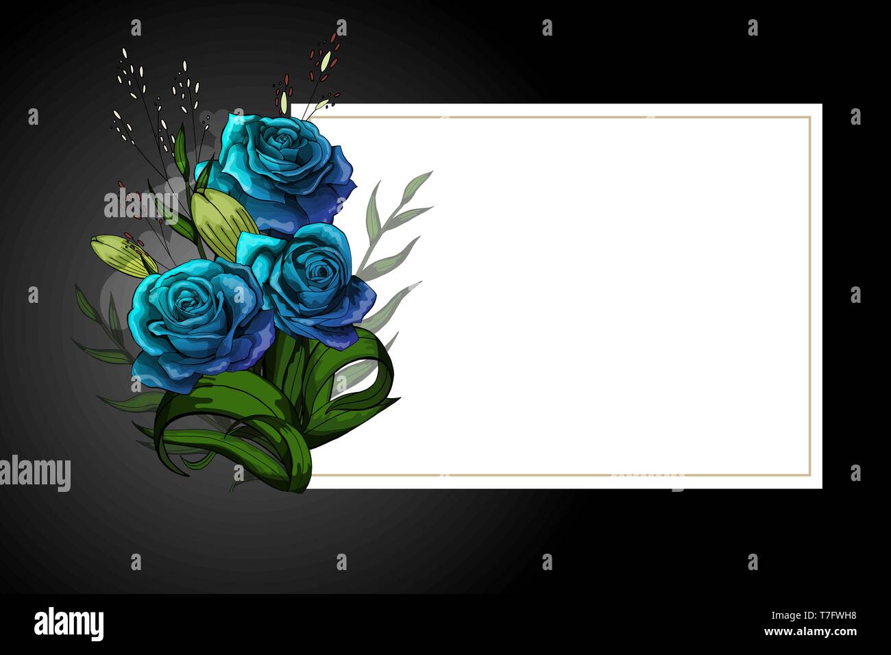 Bouquet de flores azules en el marco blanco con borde negro estricto  plantilla postal Imagen Vector de stock - Alamy
