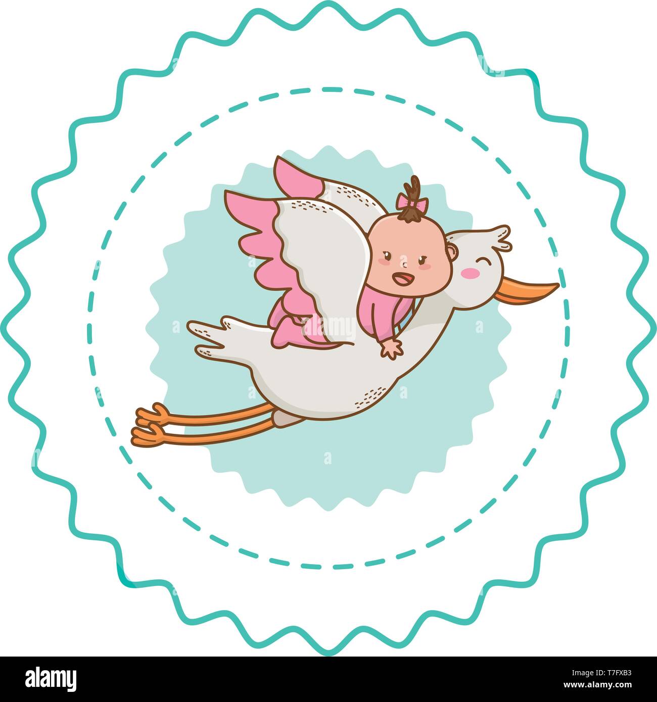 Baby shower niña cigüeña volando en dibujos animados en la etiqueta redonda  sello ilustración vectorial diseño gráfico Imagen Vector de stock - Alamy