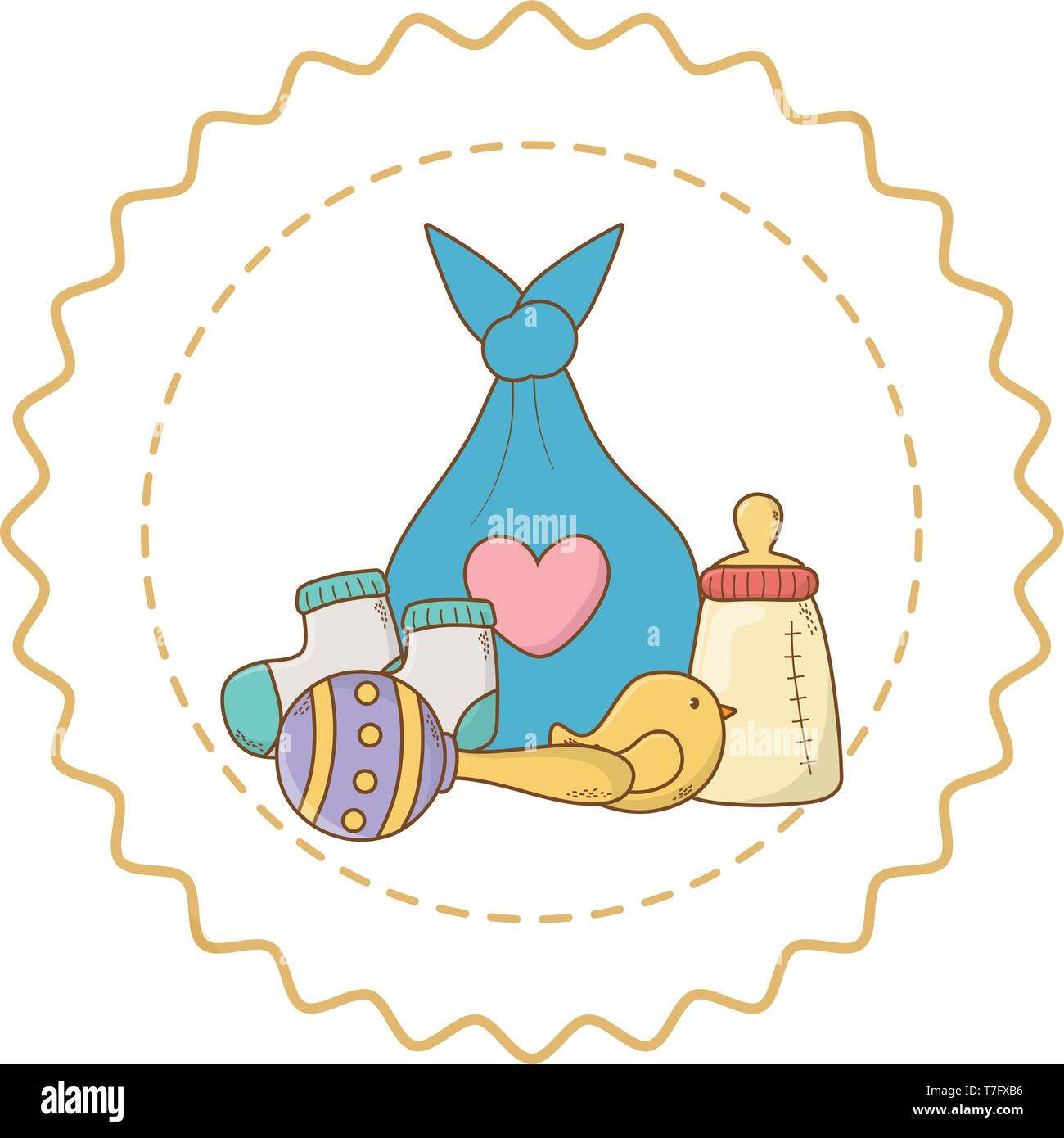 Baby shower botella, bolsa, calcetines, maraca y Teddy caricaturas de sello etiqueta  redonda ilustración vectorial diseño gráfico Imagen Vector de stock - Alamy