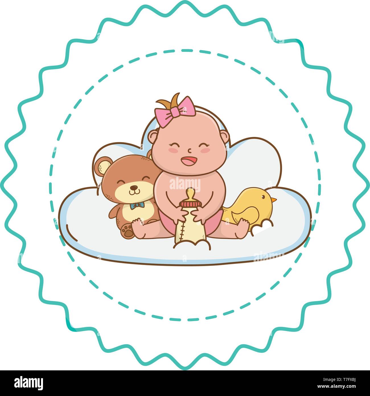 Baby shower niña Bebe aguantando su botella con osito y pajarillo entre  dibujos animados en nube de etiqueta redonda sello ilustración vectorial  diseño gráfico Imagen Vector de stock - Alamy
