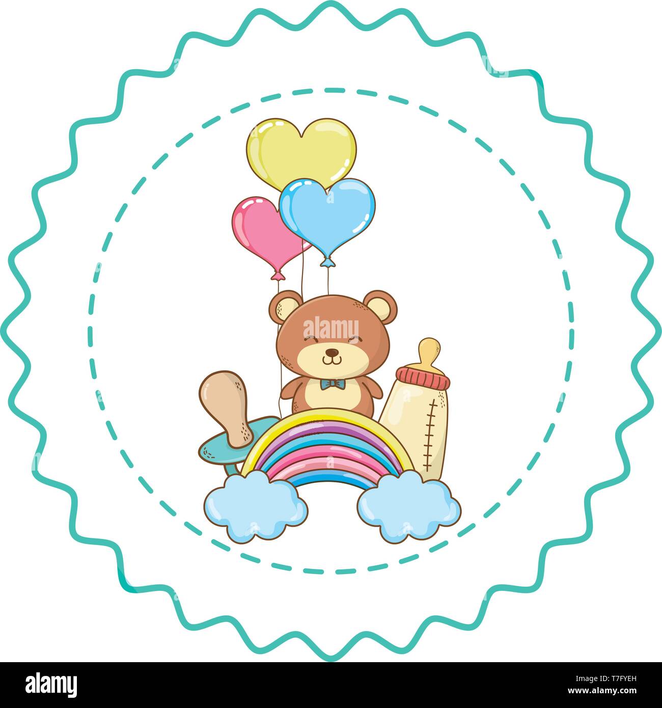 Baby shower nubes arco iris sobre Teddy, biberón, chupete y tres corazones  balloos caricaturas de sello etiqueta redonda ilustración vectorial diseño  gráfico Imagen Vector de stock - Alamy