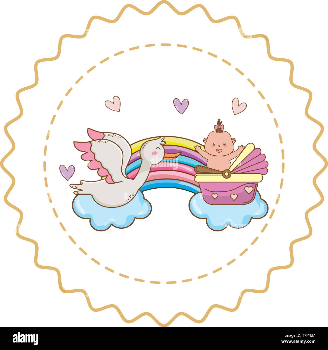 Baby shower cigüeña volando entre nubes y su bebé en una cesta con maraca y  botella en las nubes y arco iris con corazones caricaturas de sello  etiqueta redonda ilustración vectorial diseño