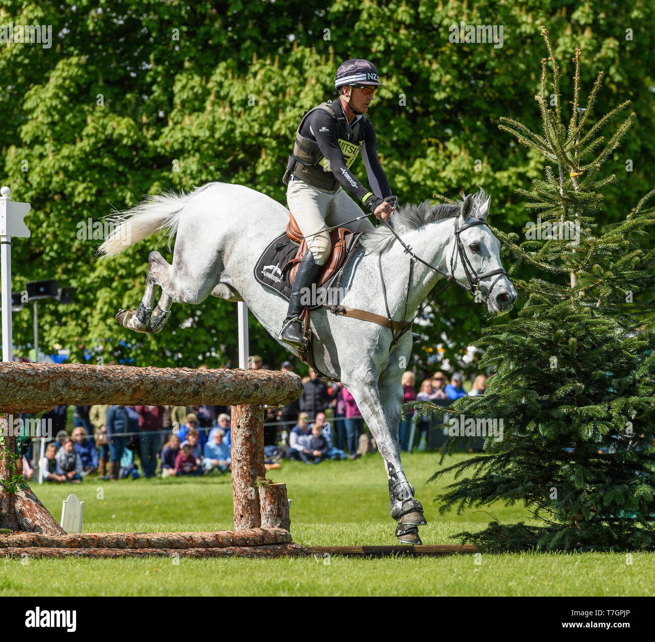 Andrew Nicholson y tragar resortes durante la fase de cross country de Mitsubishi Motors Badminton Horse Trials, mayo de 2019 Foto de stock