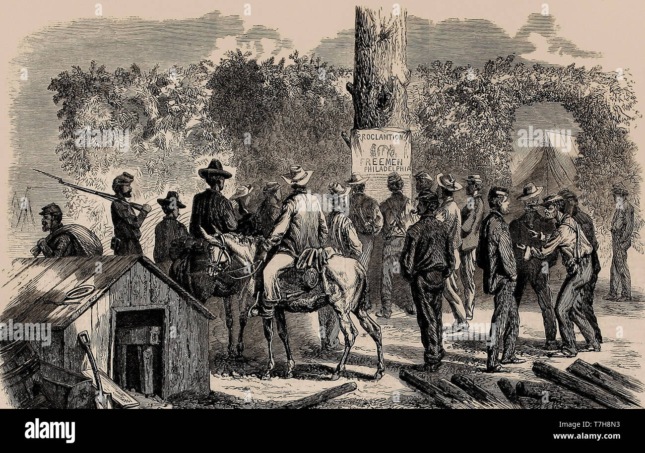 La próxima elección presidencial de 1864 en los campamentos - grupo de soldados leyendo panfletos políticos - Guerra Civil Americana Foto de stock