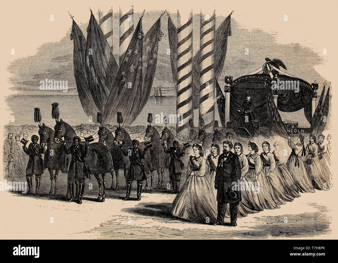 Servicio Funerario del presidente Abraham Lincoln, en Chicago, Illinois, el 1 de mayo, 1865 - Treinta y seis jóvenes damas de la alta escuela esparcibles el bier con guirnaldas y immortelles Foto de stock