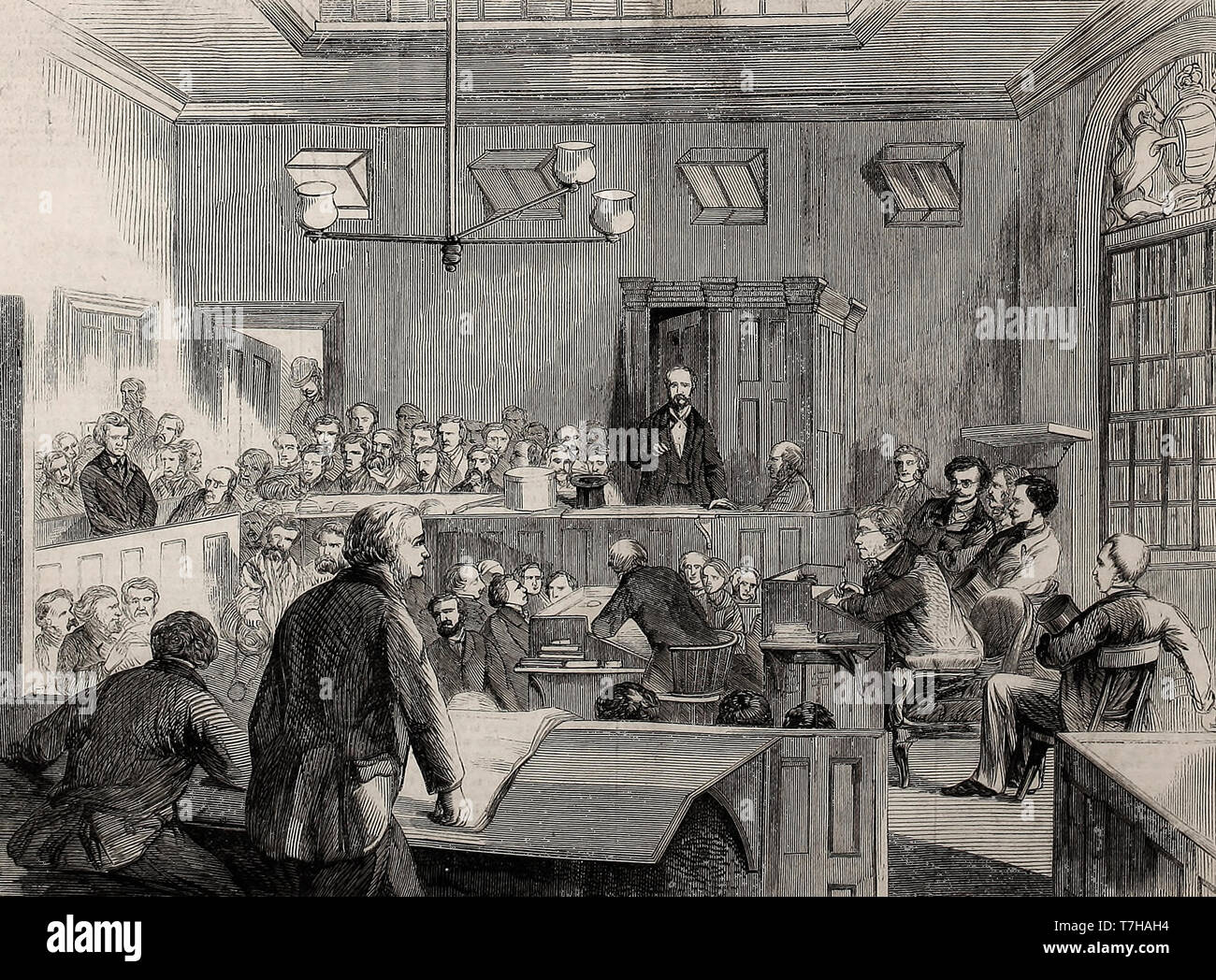Examen en Bow Street, Londres, de Franz Muller, el asesinato de Ferrocarril Inglés, recientemente detenido a su llegada a Nueva York y llevados de vuelta a Inglaterra, 1864 Foto de stock